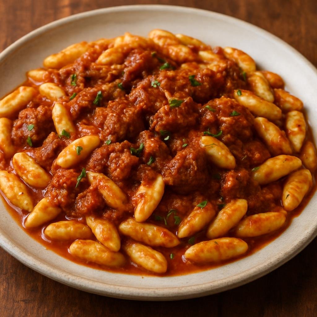 Entree: Italy – Molise – Cavatelli al Ragù (Small hand-rolled pasta shaped like shells served with a slow-cooked meat and tomato sauce) recipe