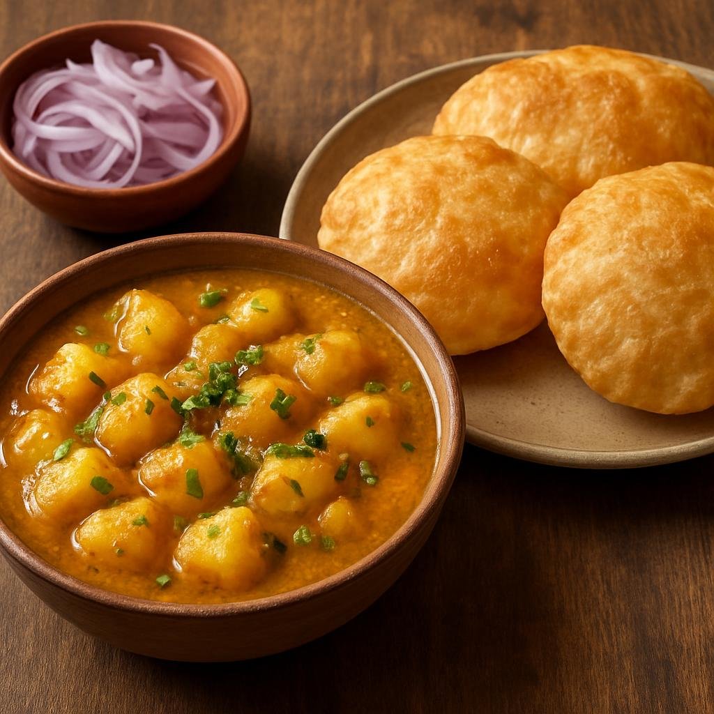 Entree: India – Haryana & Western Uttar Pradesh – आलू पूरी ➤ Aloo Puri (Spiced potato curry served with deep-fried puffed whole-wheat flatbreads) recipe