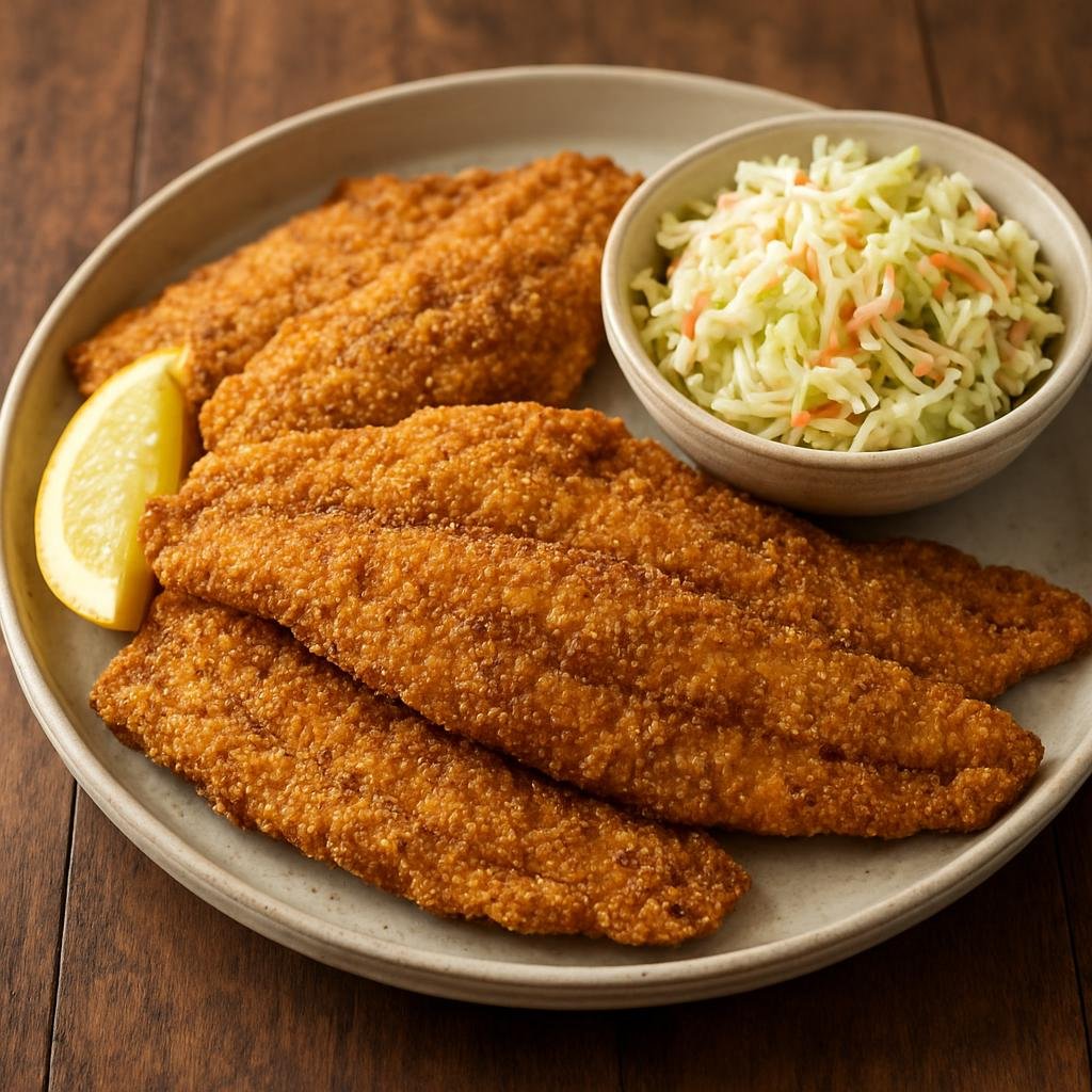 Entree: United States – Deep South – Catfish Fry (Seasoned cornmeal-coated catfish fillets pan-fried until crisp) recipe