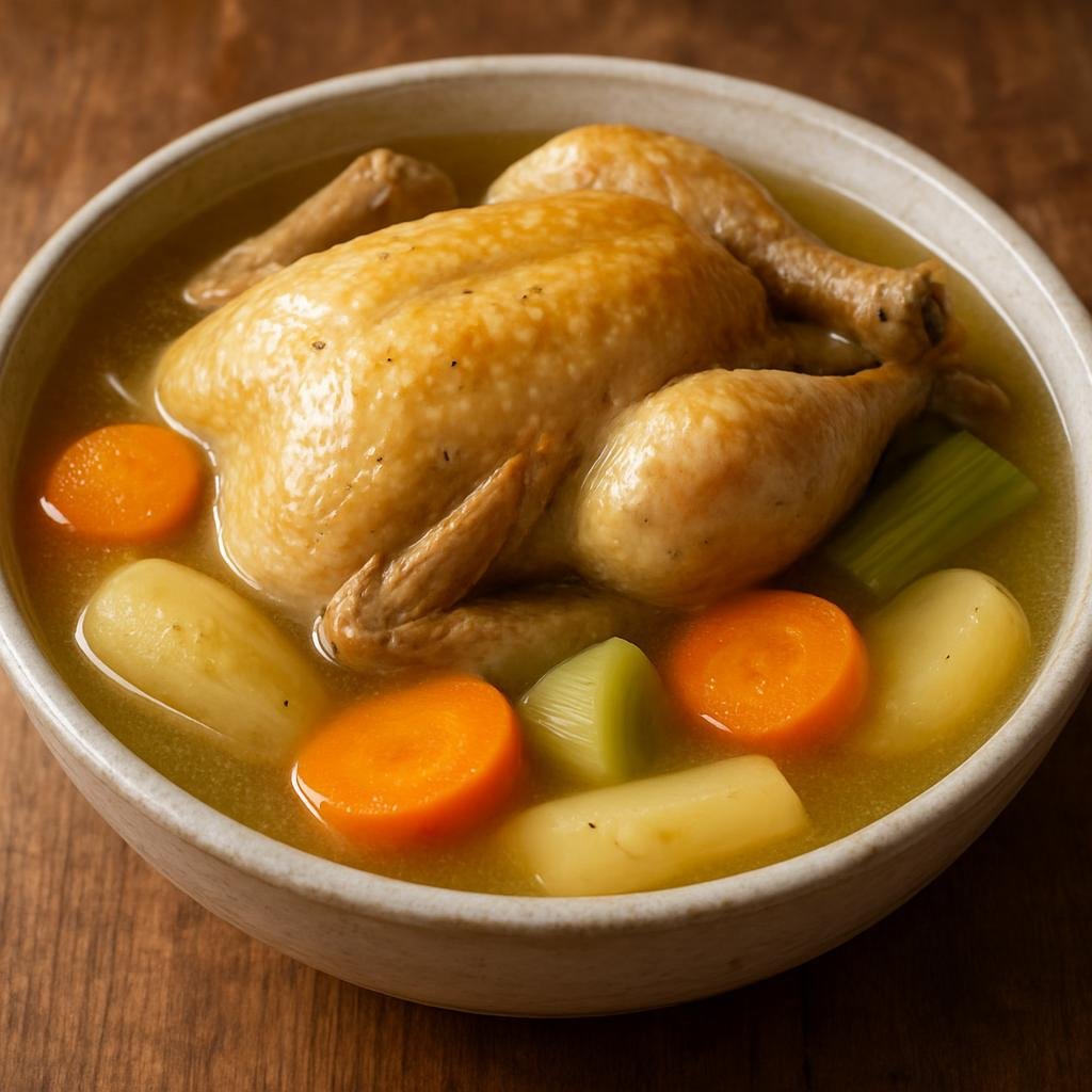 Entree: France – Gascony – Poule au Pot (Slow-simmered whole chicken with root vegetables served in its fragrant broth) recipe