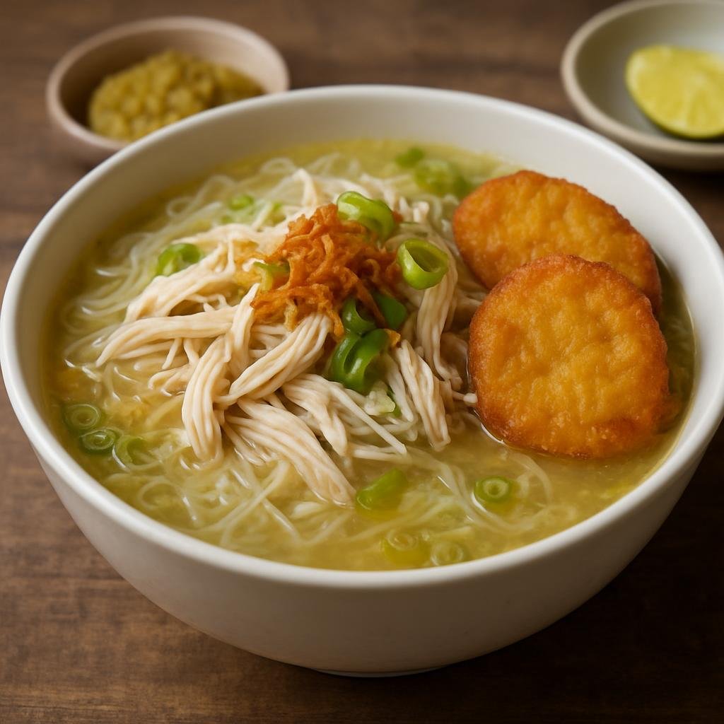 Entree: Indonesia – Kalimantan – Soto Banjar (Banjarese clear chicken soup with shredded chicken, rice noodles, and fried potato cakes) recipe