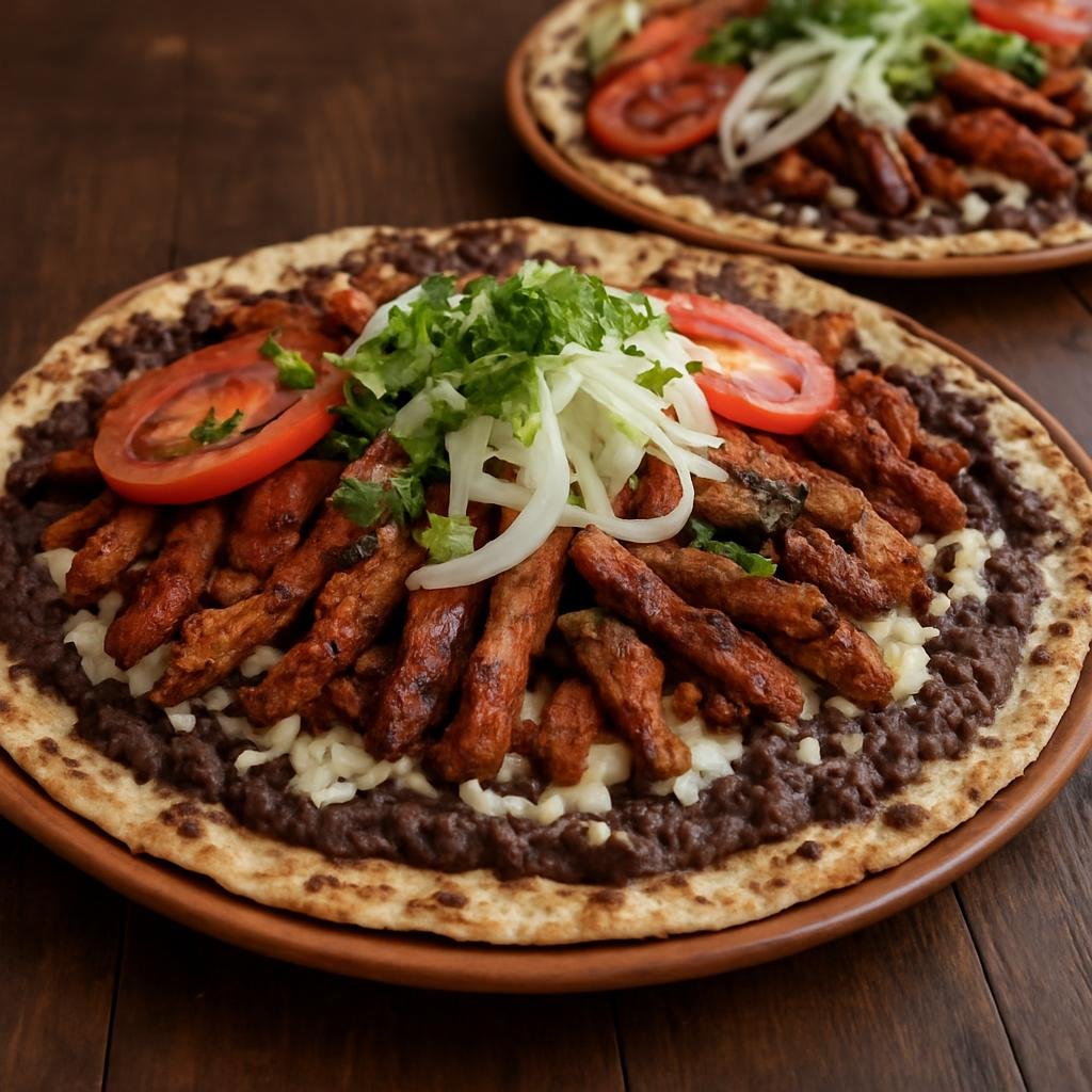 Entree: Mexico – Oaxaca – Tlayudas (Large toasted Oaxacan corn tortilla topped with refried beans, cheese, grilled meats, and fresh vegetables) recipe