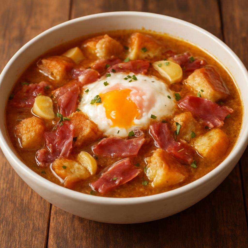 Entree: Spain – Madrid & Castile – Sopa Castellana (Hearty Castilian garlic and bread soup often enriched with ham and poached eggs) recipe