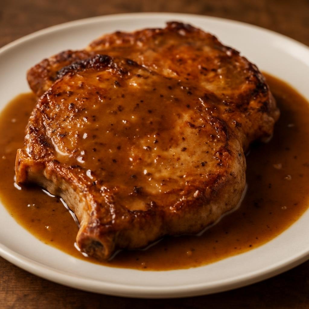 Entree: United States – Deep South – Pork Chops with Gravy (Pan-fried bone-in pork chops served with a savory pan gravy made from the cooking juices) recipe