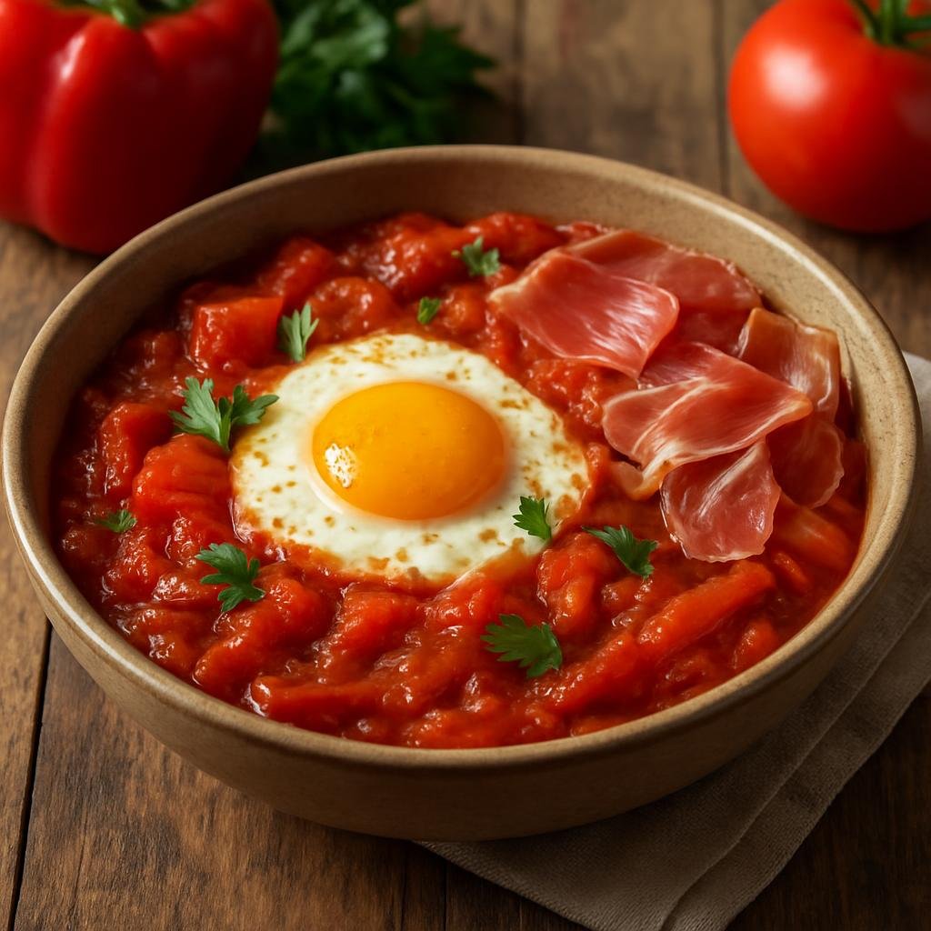 Entree: France – Gascony – Piperade (A rustic Gascon stew of bell peppers and tomatoes often finished with eggs and cured ham) recipe