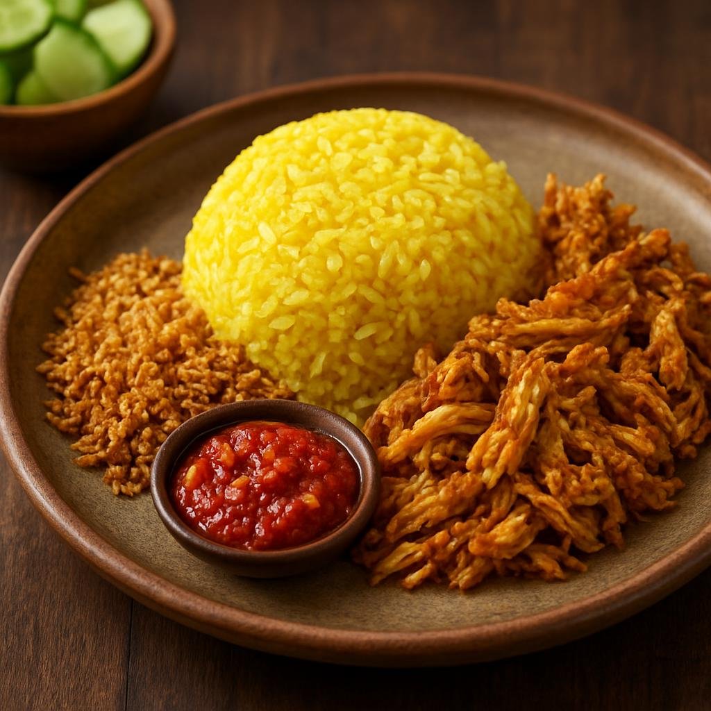 Entree: Indonesia – Kalimantan – Nasi Kuning Banjar (Banjar-style turmeric and coconut rice served with spiced shredded chicken, toasted coconut and sambal) recipe
