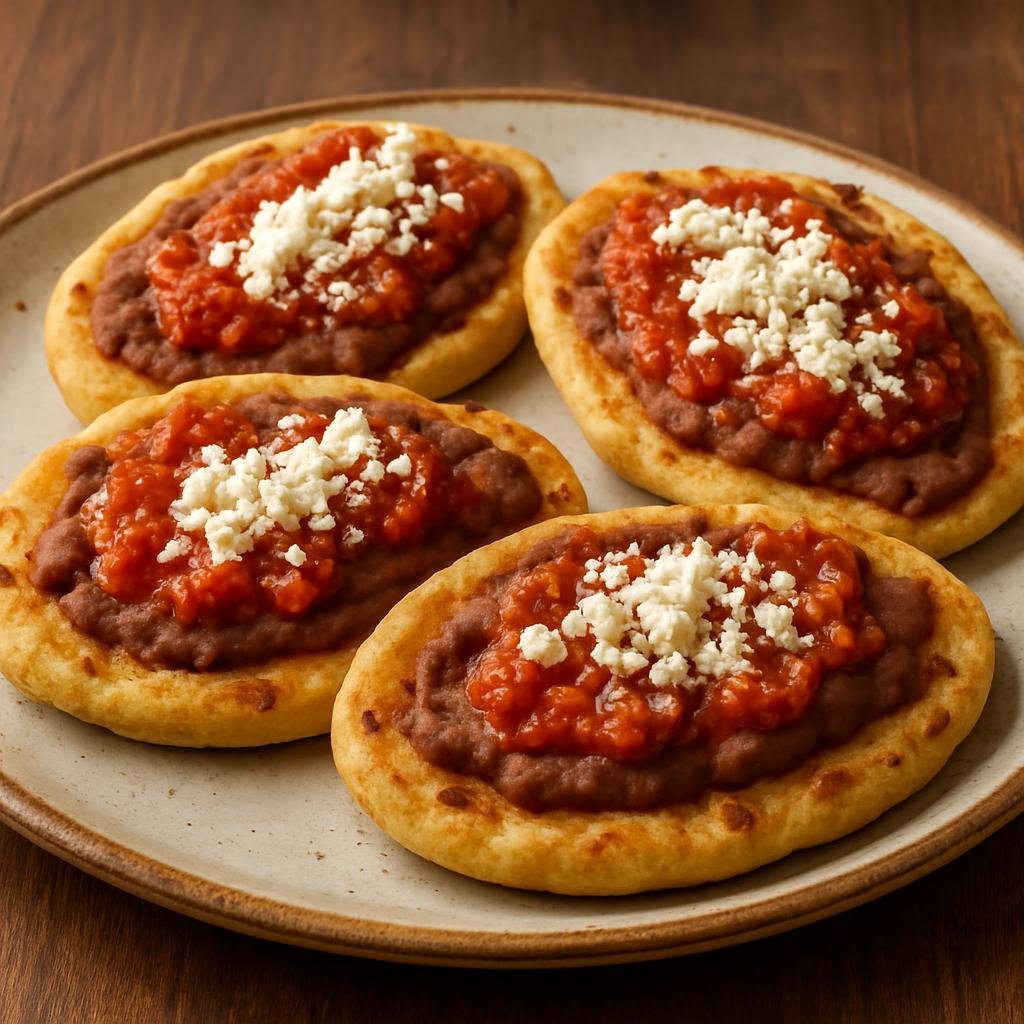 Entree: Mexico – Oaxaca – Memelas (Thick oval griddled masa cakes from Oaxaca topped with refried beans, salsa, and cheese) recipe