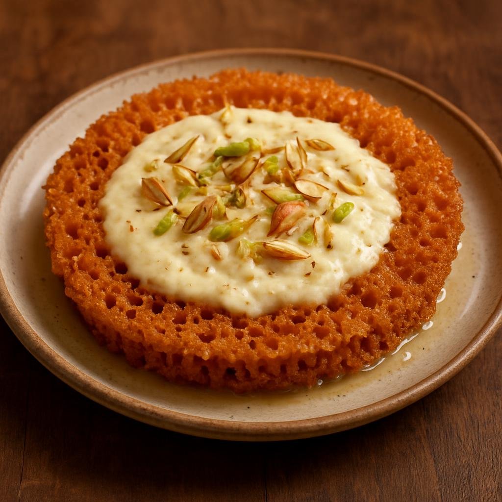 Entree: India – Haryana & Western Uttar Pradesh – घेवर ➤ ghevar (crisp disc-shaped deep-fried milk batter cake soaked in sugar syrup and garnished with rabri and nuts) recipe