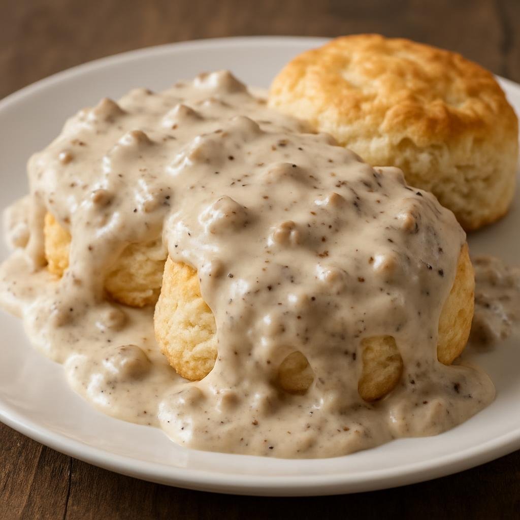 Entree: United States – Deep South – Biscuits and Gravy (Creamy peppered sausage gravy served over flaky buttermilk biscuits) recipe