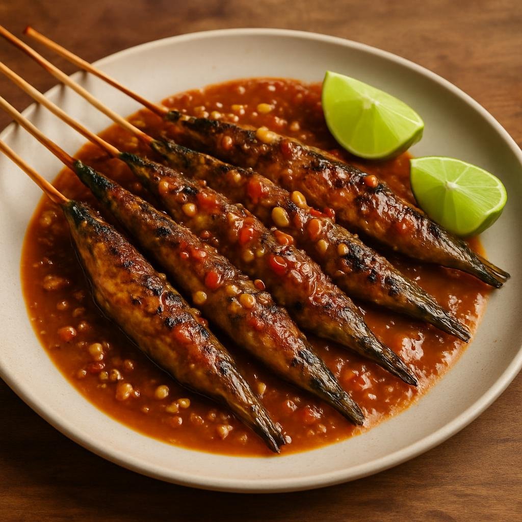 Entree: Indonesia – Kalimantan – Sate Payau (Grilled skewered freshwater fish in a spicy-sweet peanut and tamarind sauce) recipe