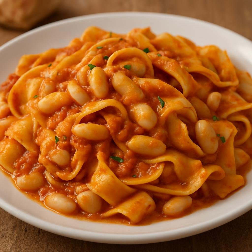 Entree: Italy – Molise – Sagn'e Fagioli (Wide ribbon pasta with white beans in a simple tomato-garlic sauce) recipe