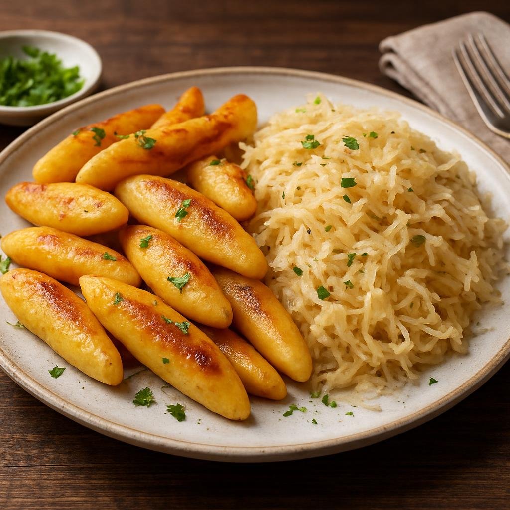 Entree: Germany – Swabia – Schupfnudeln mit Sauerkraut (Pan-fried crescent potato dumplings served with tangy sauerkraut) recipe
