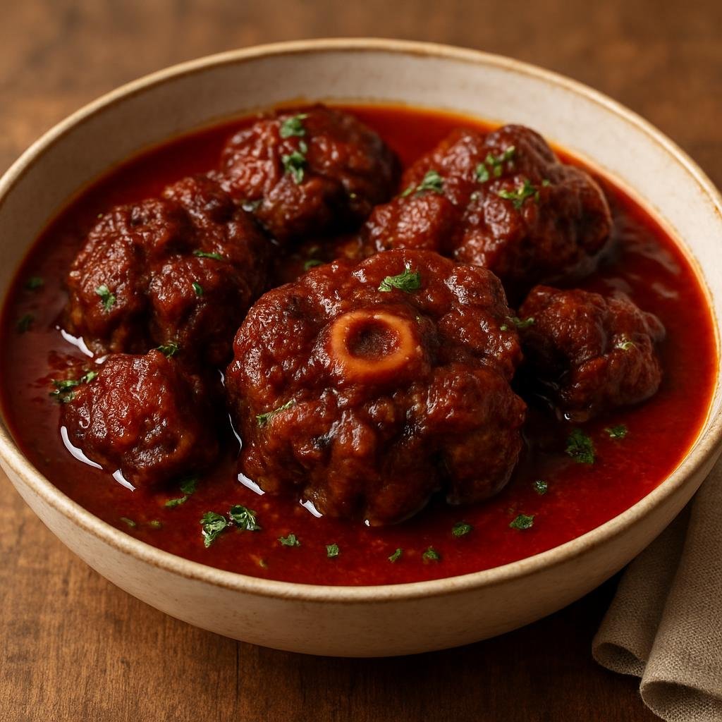 Entree: Spain – Madrid & Castile – Rabo de Toro (Slow-braised oxtail stew in rich red-wine and tomato sauce) recipe