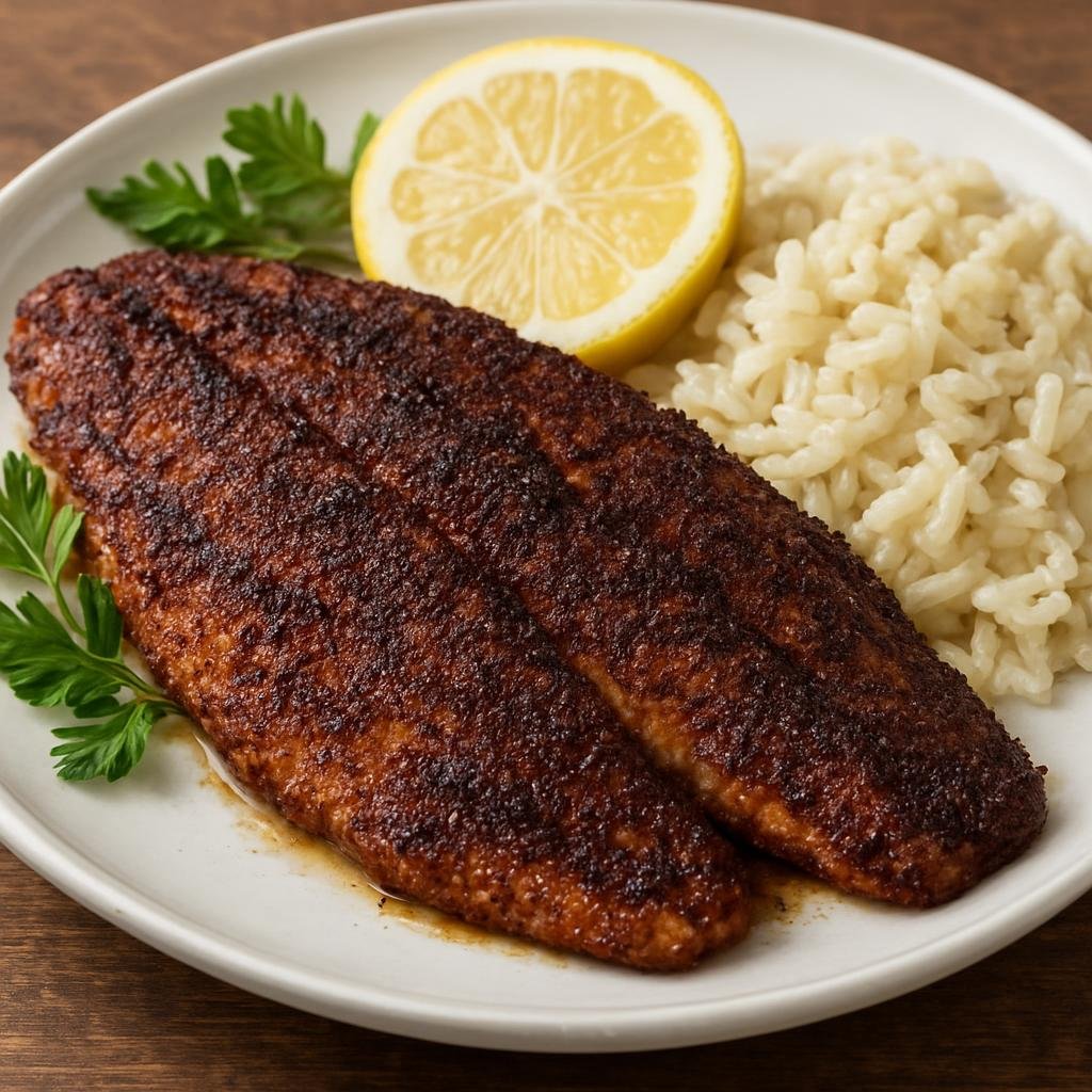 Entree: United States – Deep South – Blackened Redfish (Pan-seared redfish fillets coated in a spicy blackening crust) recipe