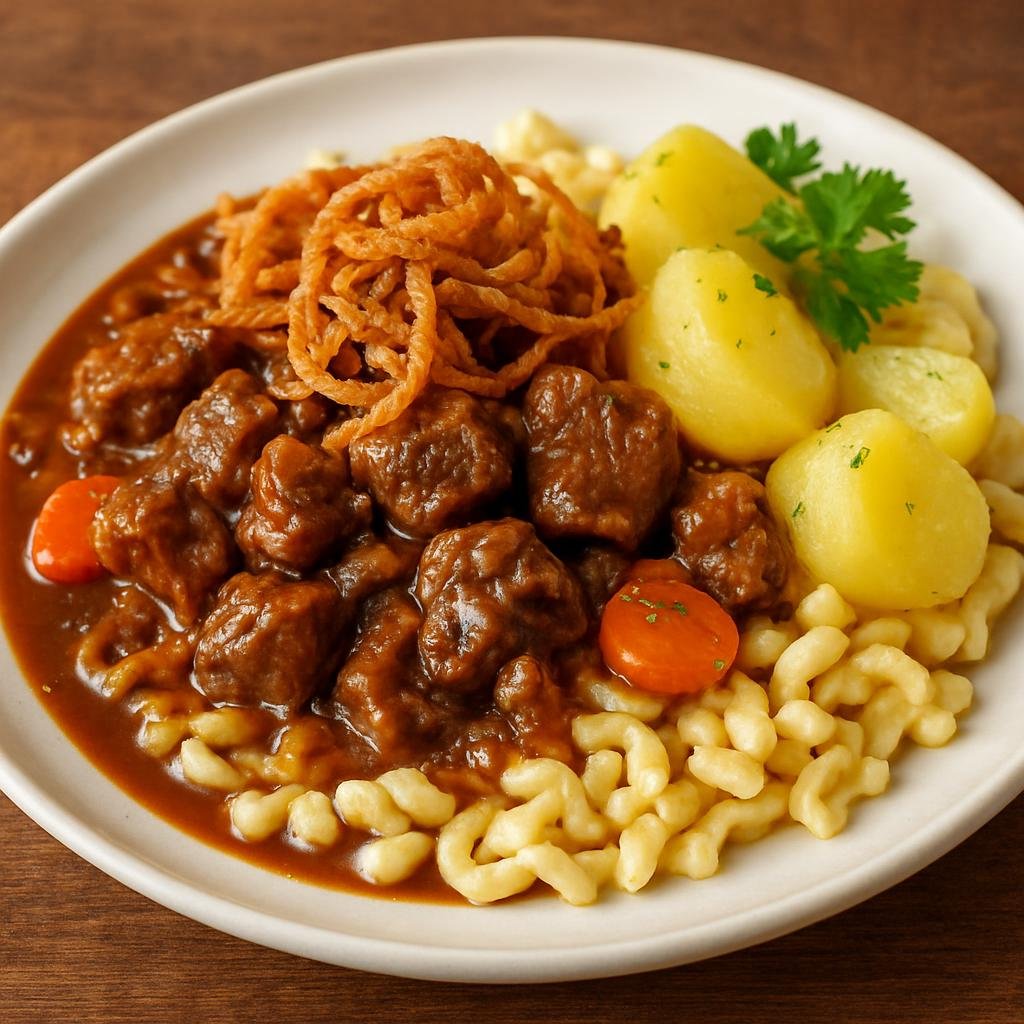 Entree: Germany – Swabia – Gaisburger Marsch (Swabian beef stew served over spaetzle and potatoes with fried onions) recipe