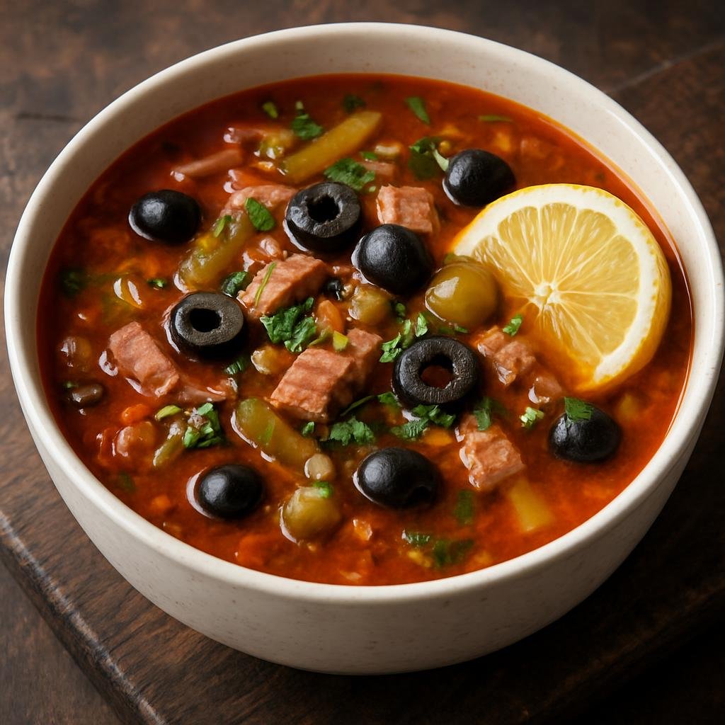 Entree: Russia – St. Petersburg & Northwest – Солянка ➤ Solyanka (Hearty Russian sour-salty meat soup with pickles, olives, and lemon) recipe