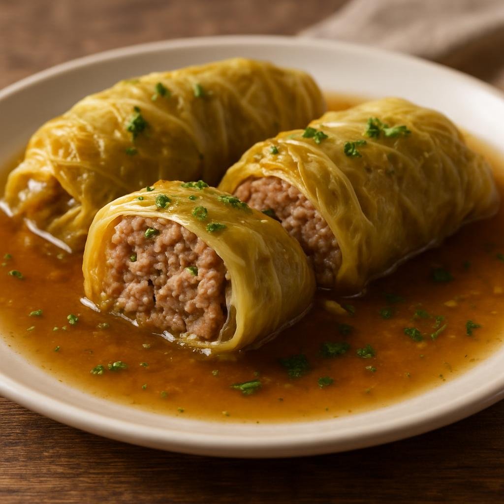 Entree: Germany – Swabia – Filderkrautrouladen (Savoy-style cabbage leaves stuffed with seasoned minced pork and beef, rolled and braised in broth) recipe
