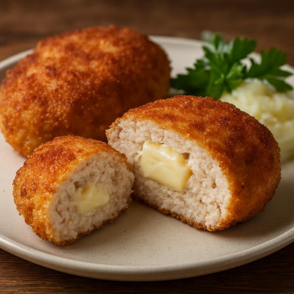 Entree: Russia – St. Petersburg & Northwest – Котлета по-пожарски ➤ Kotleta po-Pozharsky (Breaded pan-fried minced chicken cutlet with a core of cold butter for a rich, tender interior) recipe