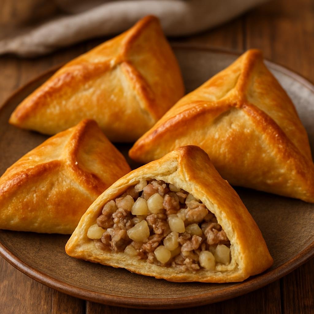 Entree: Russia – Tatar Cuisine – Эчпочмак ➤ Echpochmak (Tatar triangular baked pastry filled with minced meat, potatoes, and onions) recipe