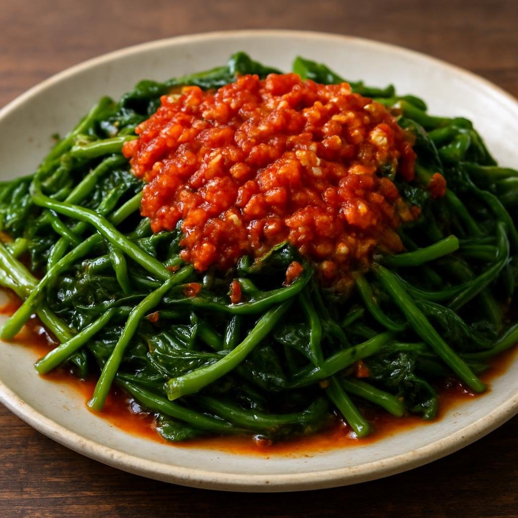 Entree: Indonesia – Lombok – Plecing Kangkung (Blanched or lightly sautéed water spinach tossed in a fiery Lombok-style chili-peanut sambal) recipe