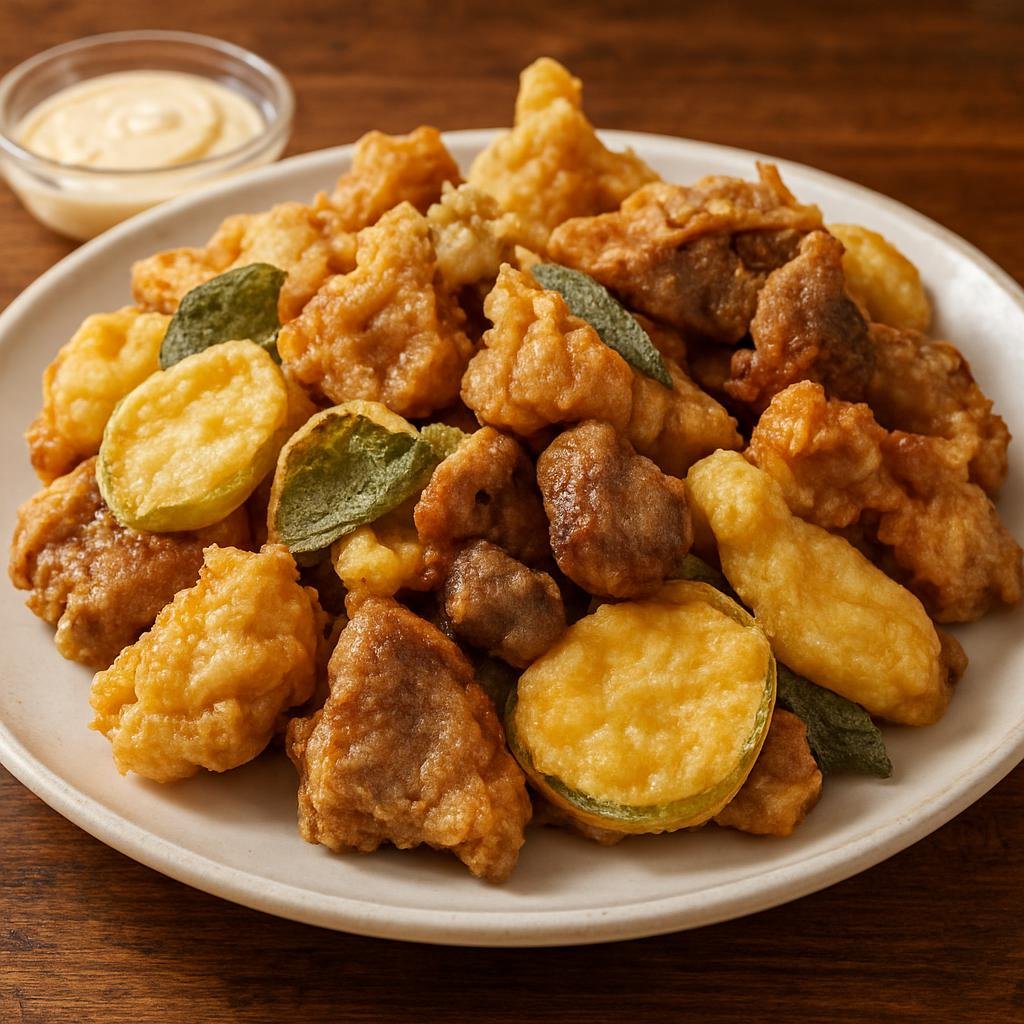 Entree: Italy – Piedmont – Fritto Misto alla Piemontese (A Piedmont-style assortment of lightly battered and fried meats, offal, and seasonal vegetables) recipe