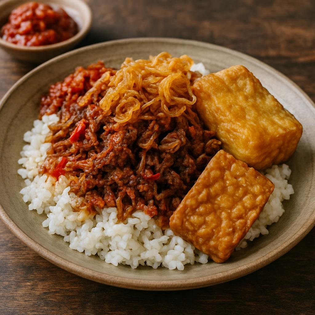 Entree: Indonesia – Lombok – Nasi Balap Puyung (A Lombok rice dish of steamed rice topped with spicy shredded beef and savory crunchy accompaniments) recipe