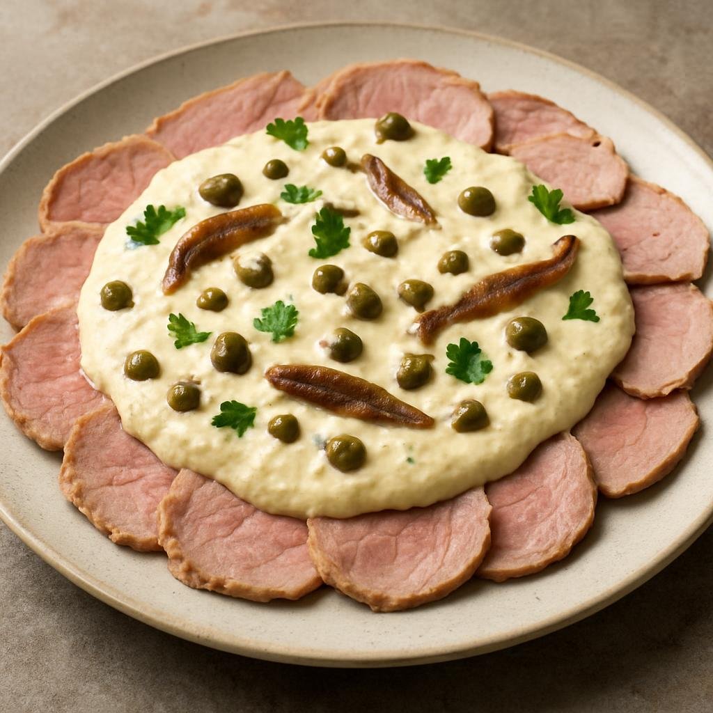 Entree: Italy – Piedmont – Vitello Tonnato (Cold poached veal thinly sliced and served with a creamy tuna, anchovy, and caper sauce) recipe