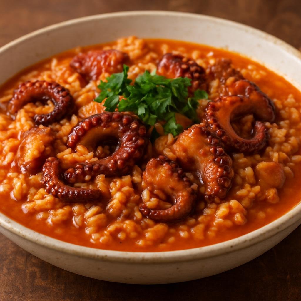 Entree: Brazil – Pernambuco – Arroz de Polvo (Pernambuco-style rice cooked with tender octopus in a savory, slightly coconut-scented tomato broth) recipe