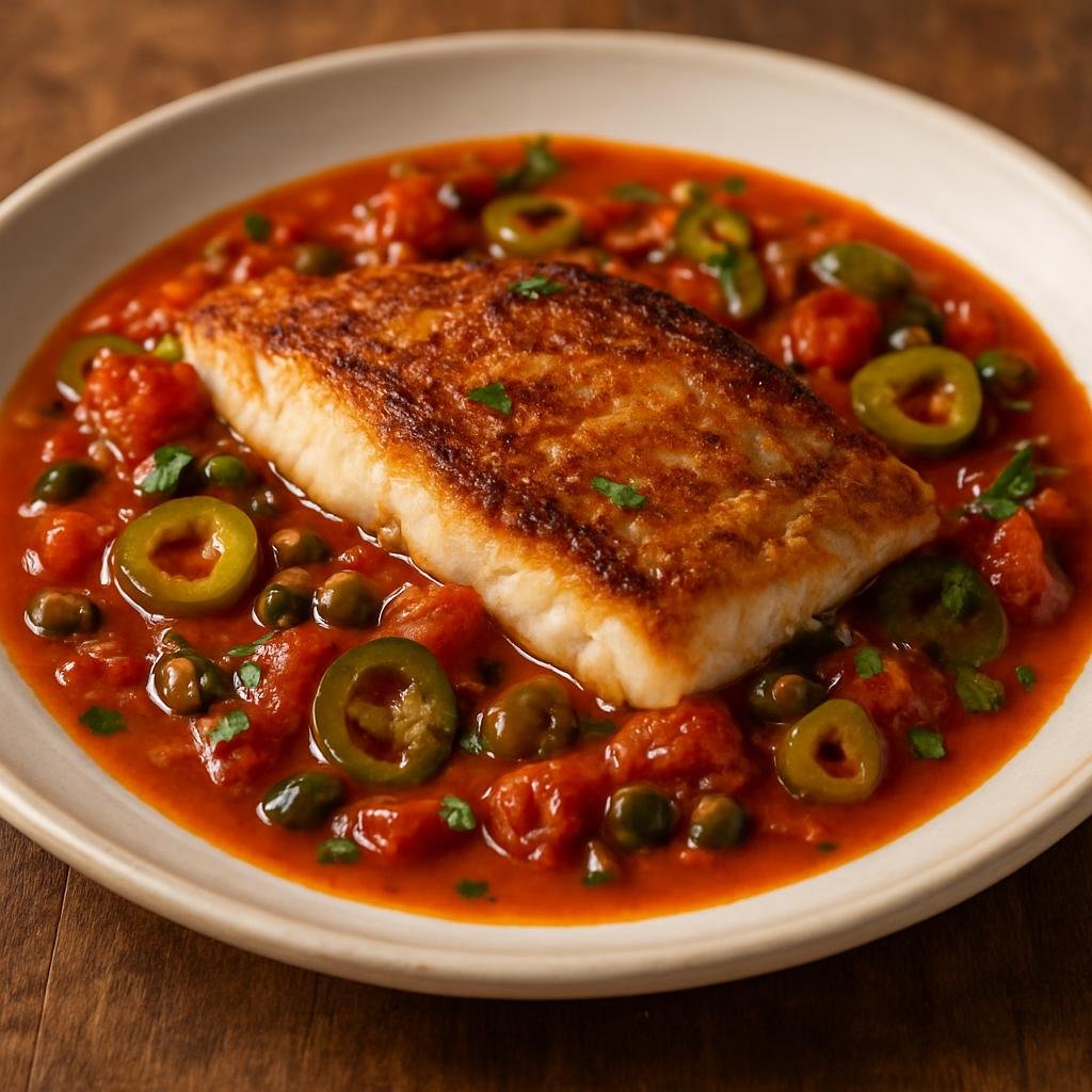 Entree: United States – Florida – Snapper Veracruz (Pan-seared snapper finished in a bright tomato, olive, caper and jalapeño braise) recipe