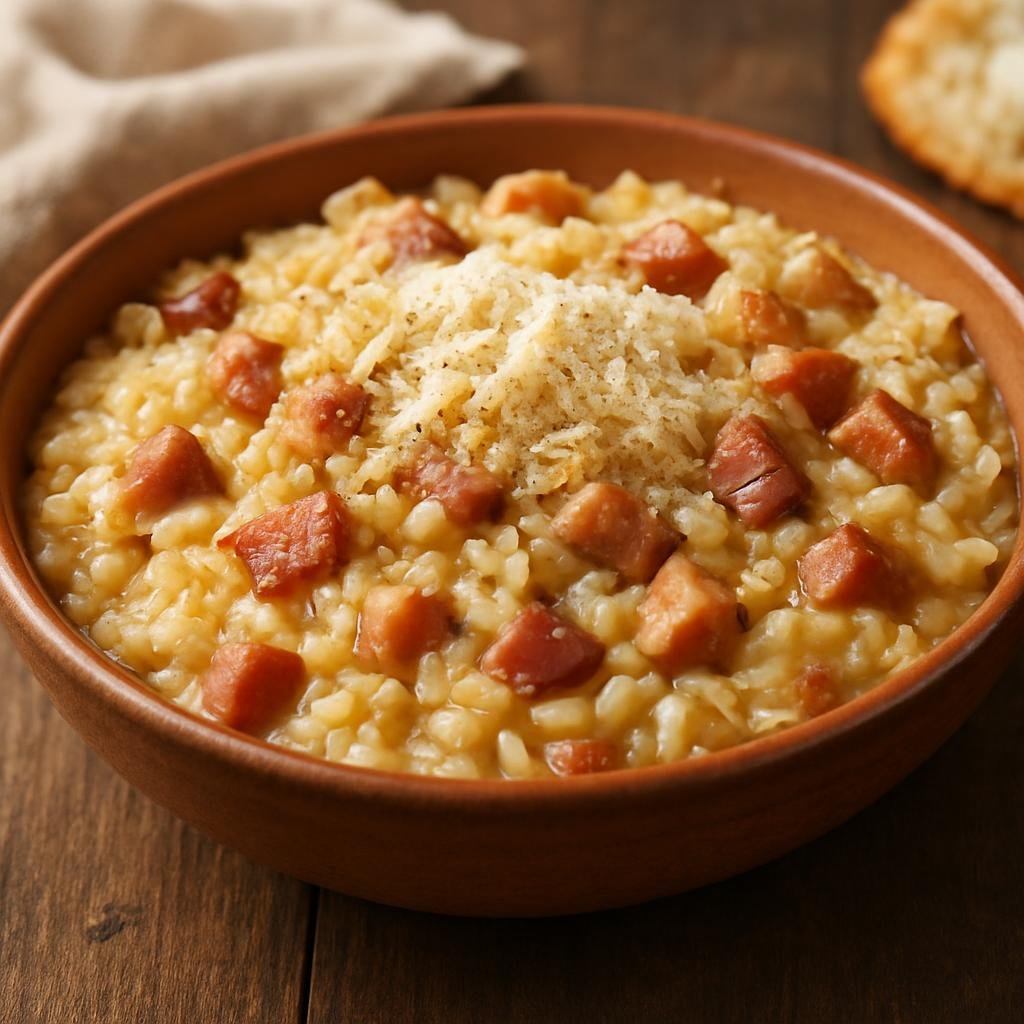 Entree: Italy – Piedmont – Panissa (Hearty Piedmont rice stew made with cured pork, soffritto, white wine, and cheese) recipe