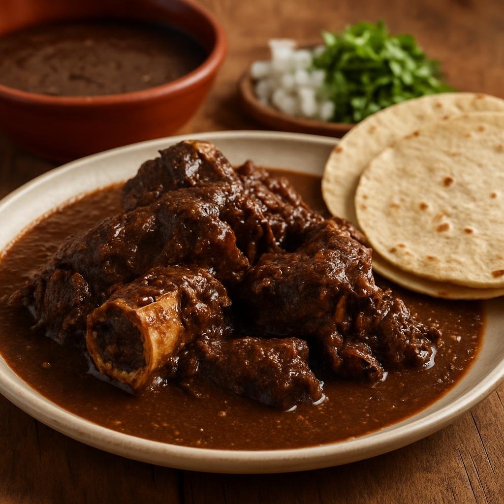 Entree: Mexico – Puebla – Mole de Caderas (Traditional smoky mole sauce prepared with roasted goat hip bones and served with meat and tortillas) recipe
