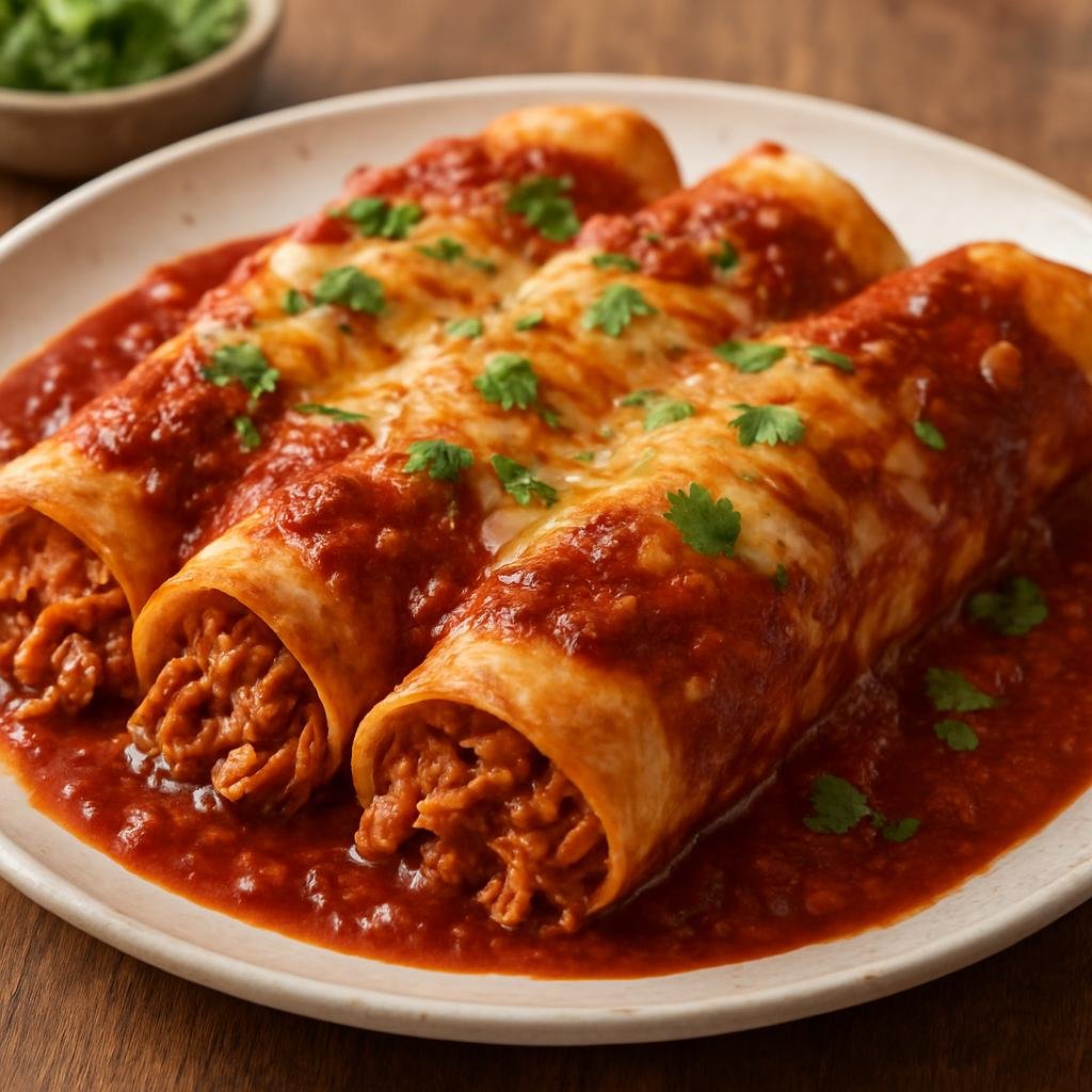 Entree: United States – Texas – Tex-Mex Enchiladas (Baked corn tortillas filled with seasoned meat and cheese, covered in a spiced red chili sauce) recipe