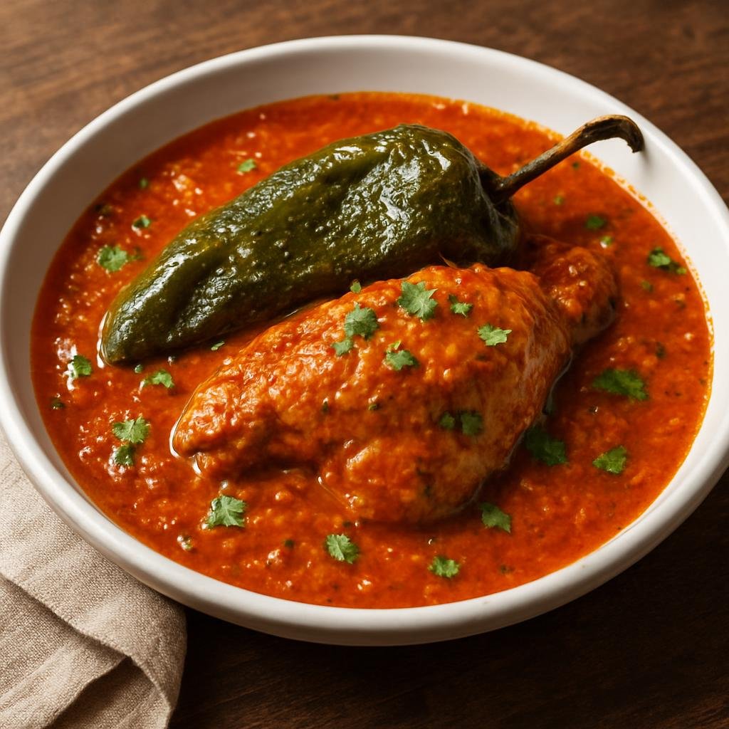 Entree: Mexico – Puebla – Pollo Poblano (Chicken braised in a roasted poblano pepper and tomato sauce) recipe
