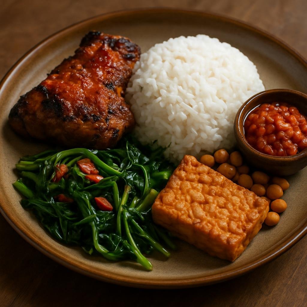 Entree: Indonesia – Lombok – Nasi Campur Lombok (Lombok-style mixed plate of steamed rice served with spicy grilled chicken, plecing kangkung, fried tempeh, sambal, and condiments) recipe