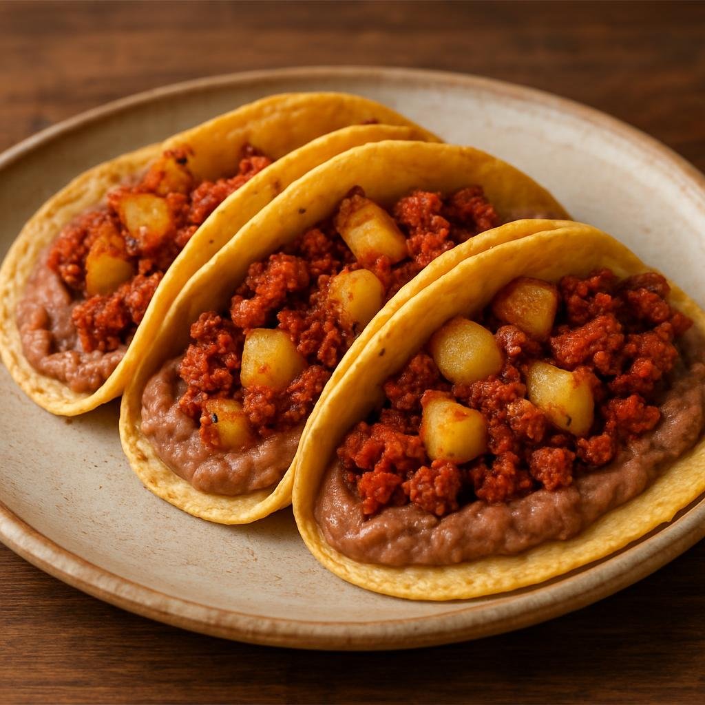 Entree: Mexico – Puebla – Taco Placero (Puebla-style street tacos stuffed with chorizo, potatoes, and refried beans on warm corn tortillas) recipe