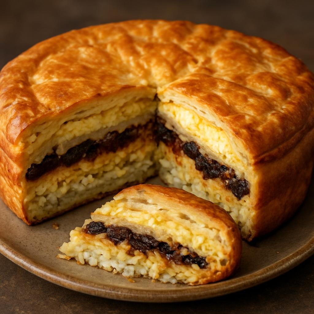 Entree: Russia – Tatar Cuisine – Губадия ➤ Gubadiya (Layered Tatar pie combining sweet and savory fillings of rice, cheese, dried fruit, and eggs) recipe