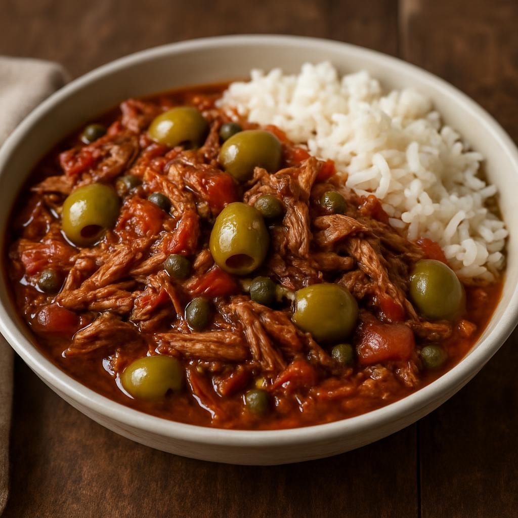 Entree: United States – Florida – Cuban Ropa Vieja (Shredded beef simmered in a tomato–pepper sauce with olives and capers) recipe