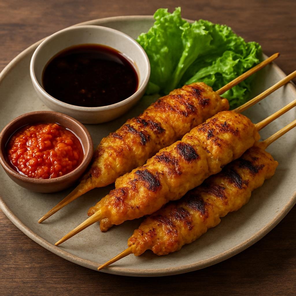 Entree: Indonesia – Lombok – Sate Ikan Tanjung (Grilled Lombok-style fish skewers marinated with local spices and served with spicy sweet-soy and sambal condiments) recipe