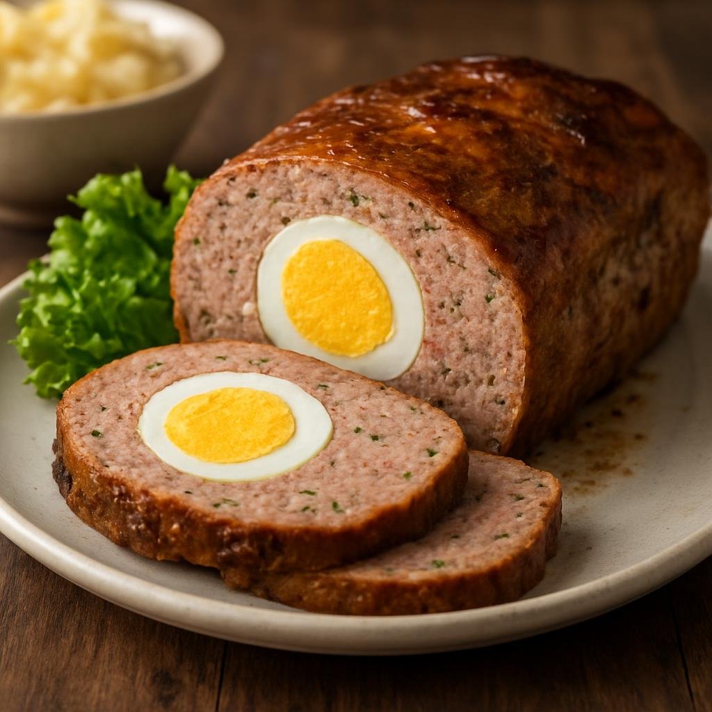 Entree: Germany – Thuringia – Falscher Hase (Baked seasoned meatloaf encasing whole hard-boiled eggs) recipe
