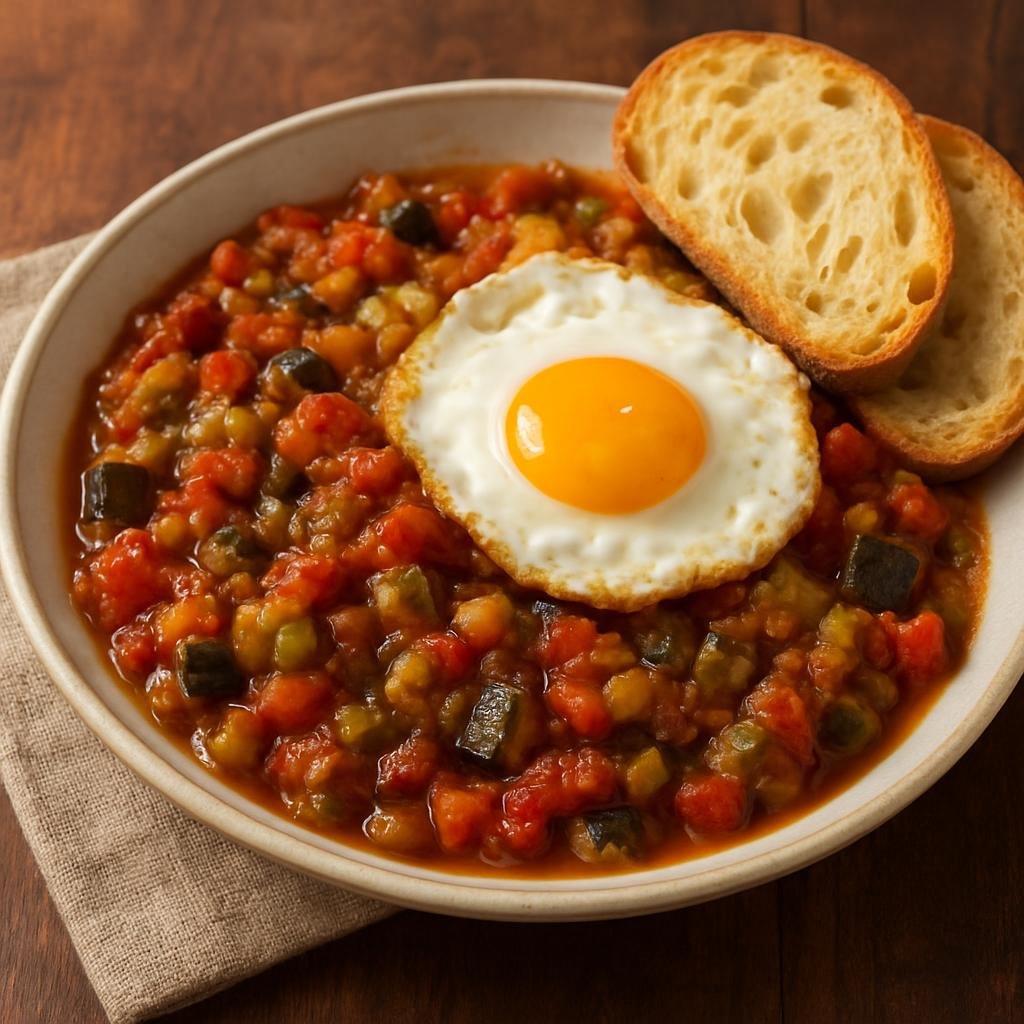 Entree: Spain – Murcia – Pisto Murciano (Rustic Murcian stewed summer vegetables in tomato and olive oil, often served with a fried egg or crusty bread) recipe