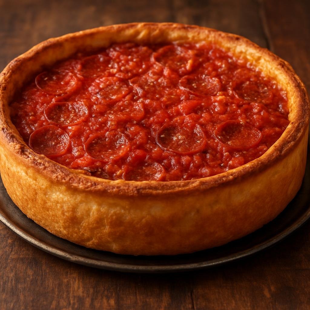 Entree: United States – Great Lakes – Chicago Deep Dish Pizza (Thick, high-edged pan pizza layered with cheese, toppings, and a chunky tomato sauce) recipe