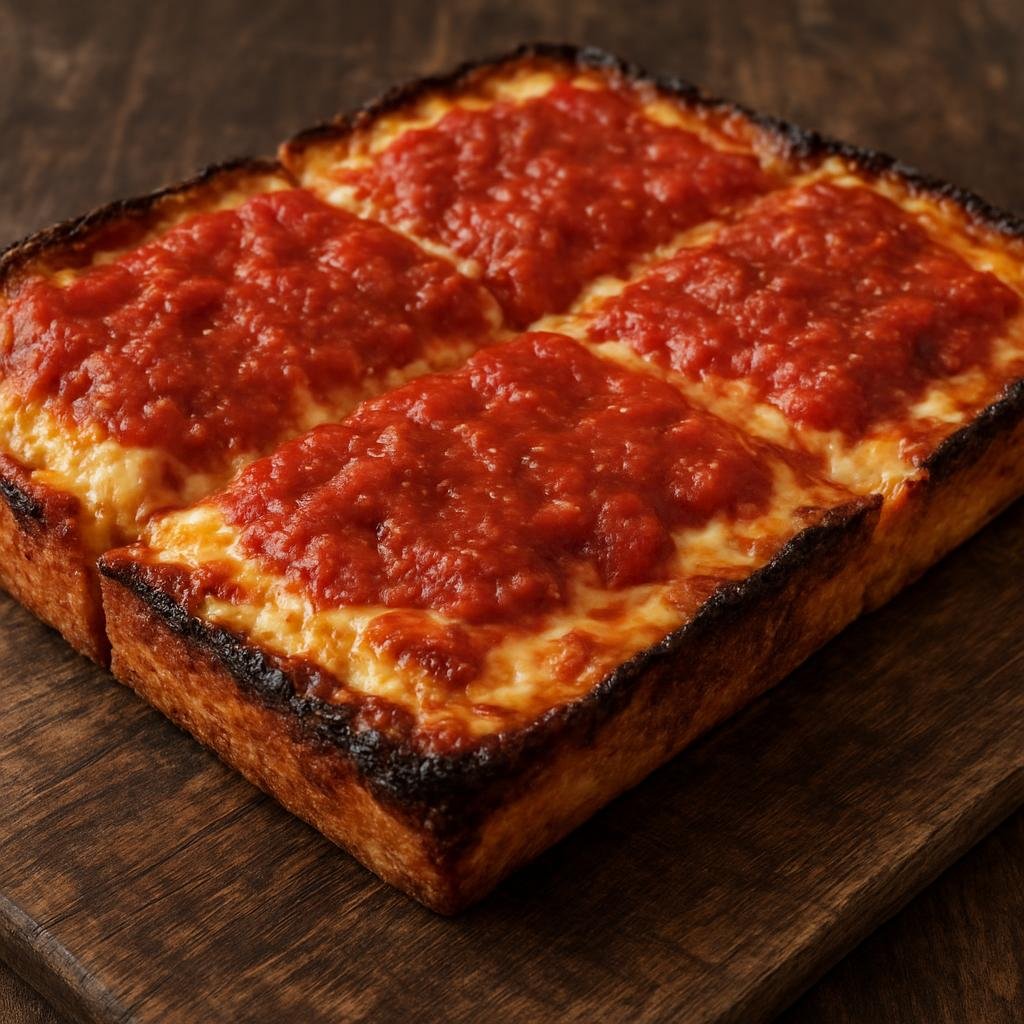 Entree: United States – Great Lakes – Detroit-Style Pizza (Rectangular thick-crust pizza with a crisp, caramelized cheese edge and tomato sauce ladled on top) recipe