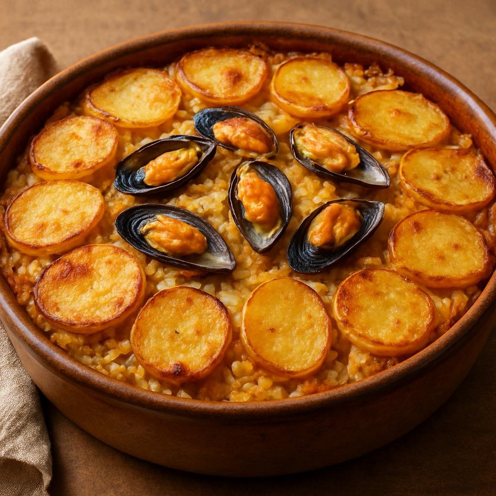 Entree: Italy – Puglia – Tiella Barese (Baked layered casserole of rice, potatoes, and mussels from Bari) recipe