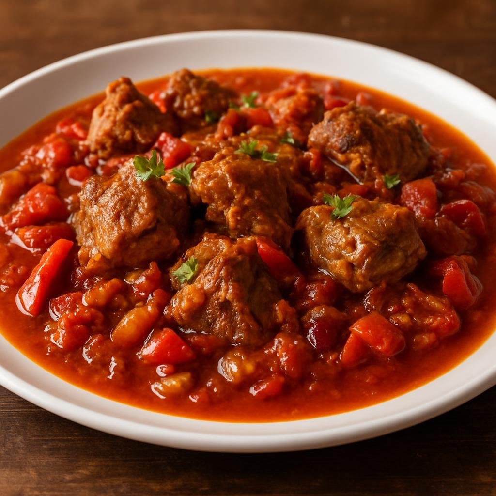 Entree: Spain – Navarre – Cordero al Chilindrón (Lamb stew braised in a sauce of tomatoes, red peppers, and cured ham) recipe