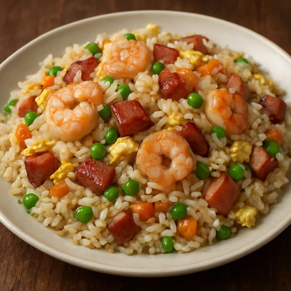 Entree: China – Jiangsu – 扬州炒饭 ➤ Yángzhōu chǎofàn (Stir-fried rice with shrimp, barbecued pork, eggs, and vegetables originating from Yangzhou) recipe