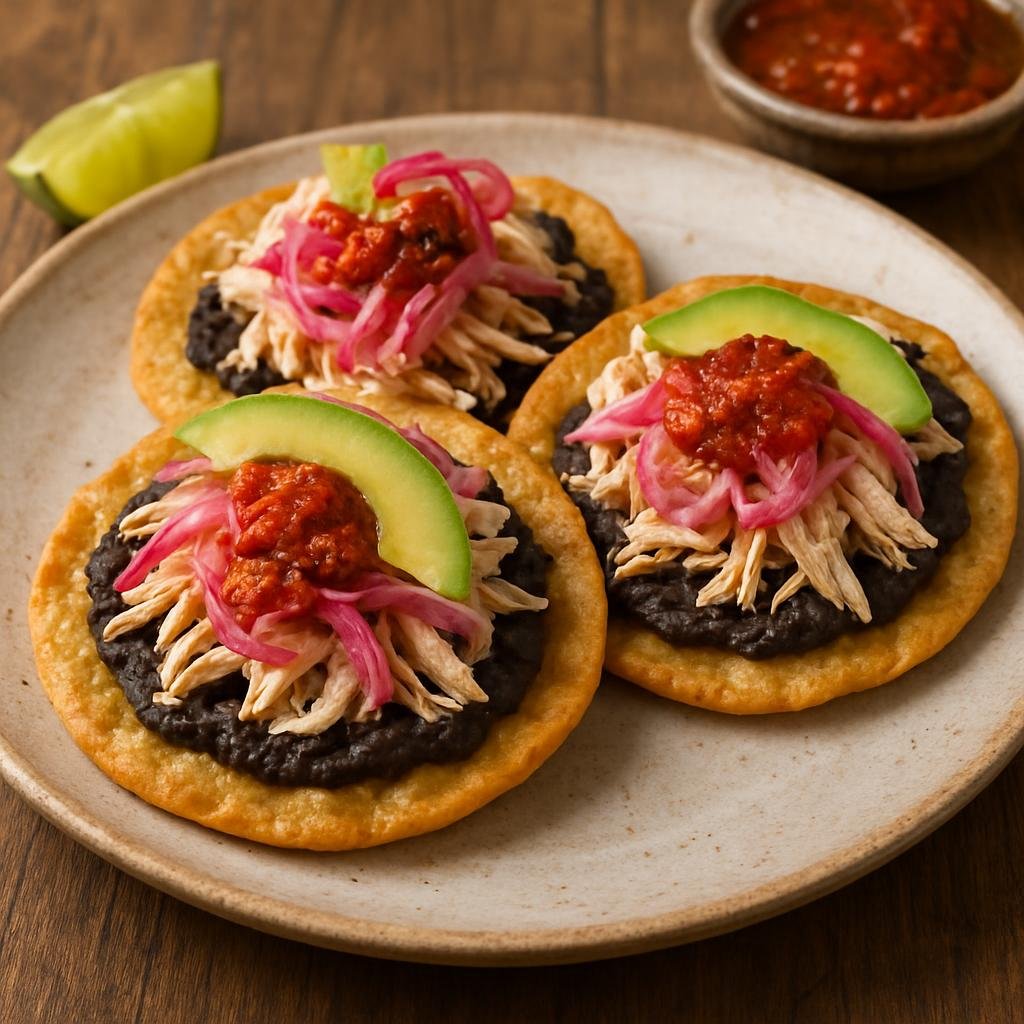 Entree: Mexico – Quintana Roo / Caribbean Coast – Panuchos (Crisp fried masa tortillas stuffed with refried black beans and topped with shredded poultry, pickled red onion, avocado, and salsa) recipe