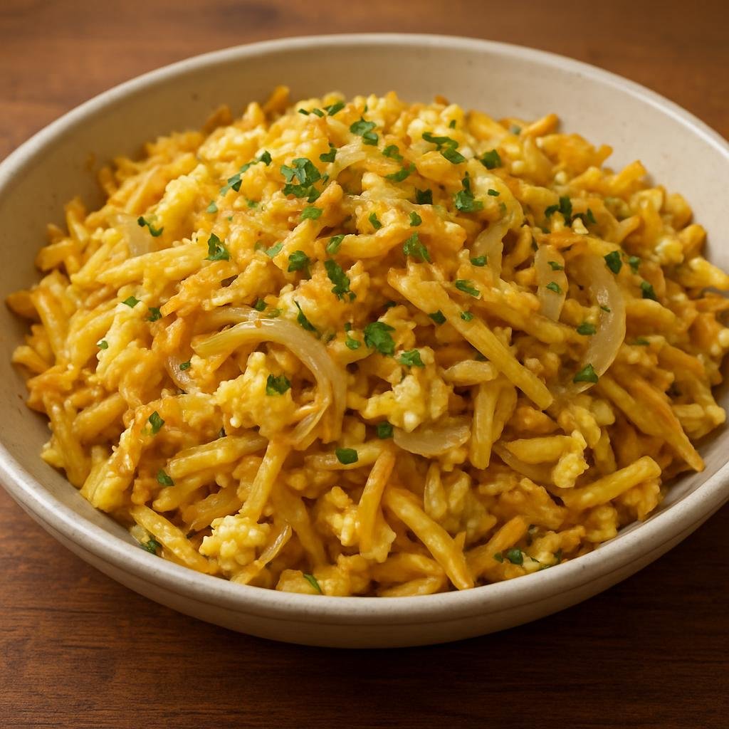 Entree: Brazil – Rio de Janeiro – Bacalhau à Brás (Shredded salted cod pan-cooked with onions, thin fried potatoes and scrambled eggs) recipe