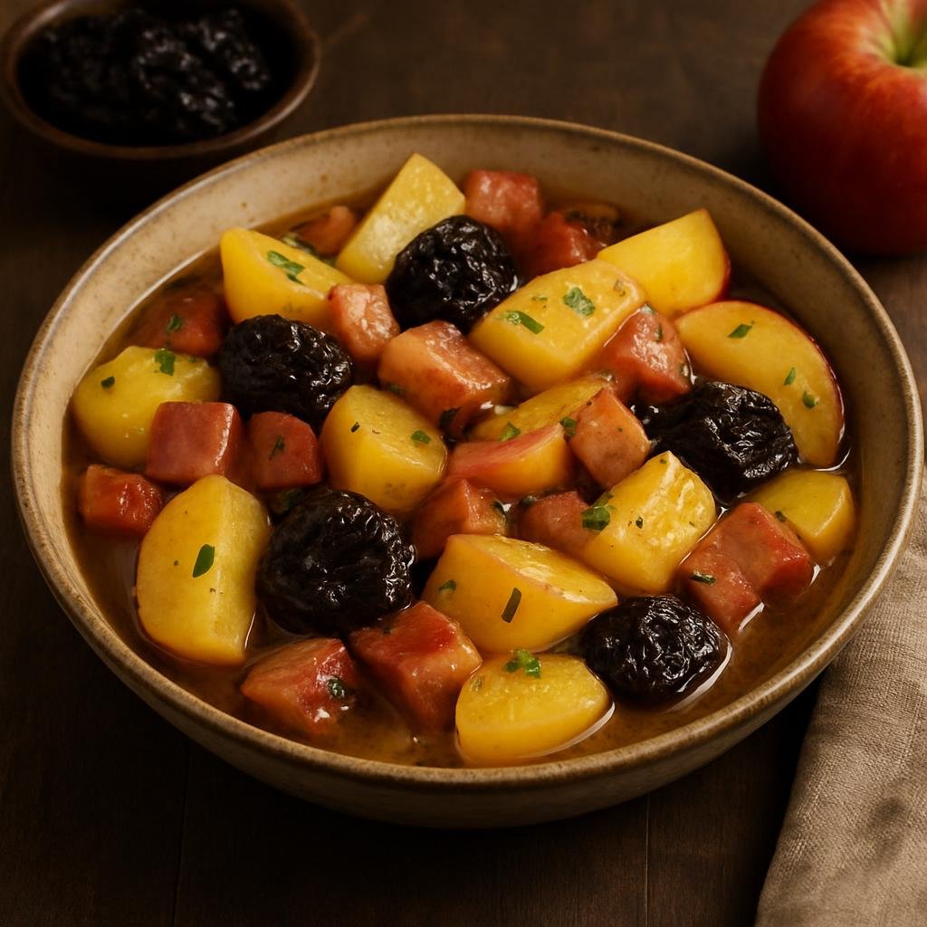 Entree: Germany – Westphalia – Westfälischer Blindhuhn (Hearty Westphalian one‑pot of potatoes with smoked bacon, apples, and prunes) recipe