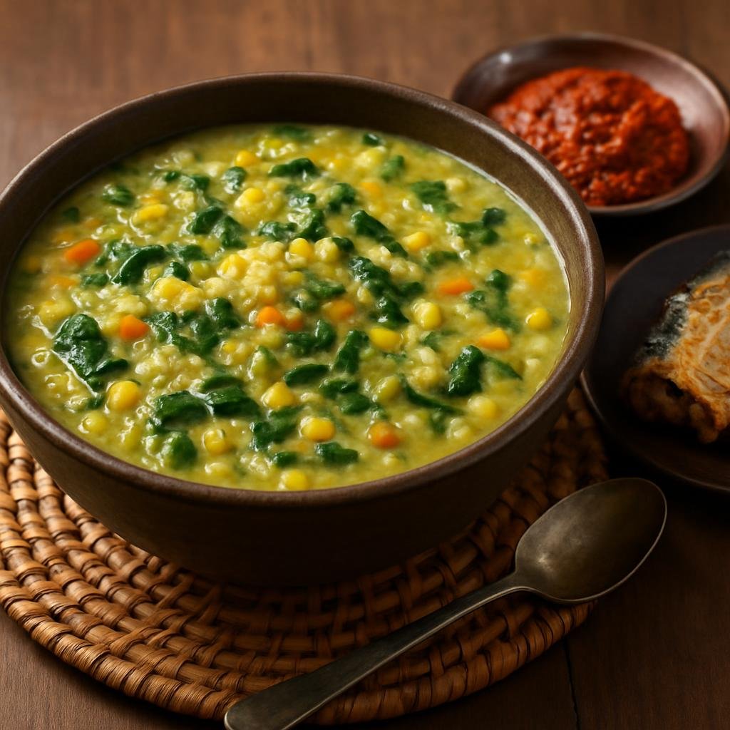 Entree: Indonesia – Maluku – Tinutuan (Hearty Indonesian rice and vegetable porridge served with sambal and smoked fish) recipe