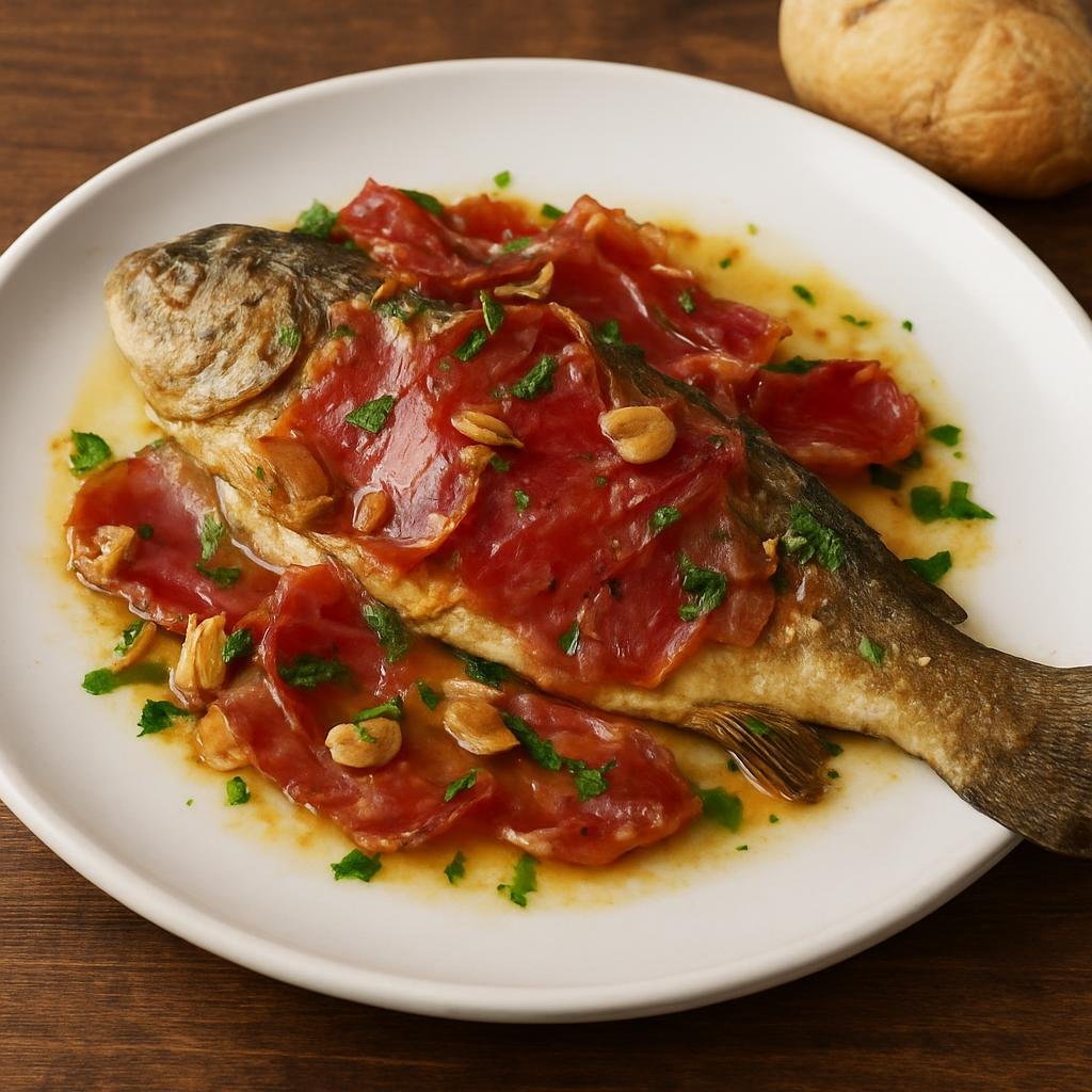 Entree: Spain – Navarre – Trucha a la Navarra (Navarre-style trout pan-fried with Serrano ham, garlic, and parsley) recipe